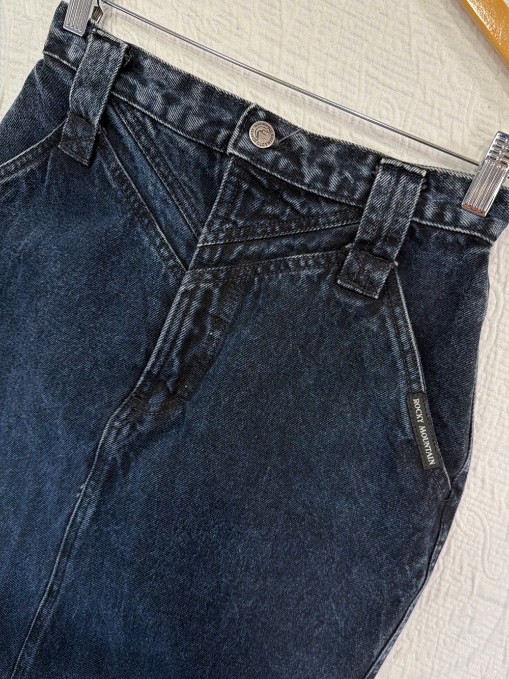 Vintage Rocky Mountain Jean Skirt Western Yoked Denim Dark Wash Midi Cowgirl 26